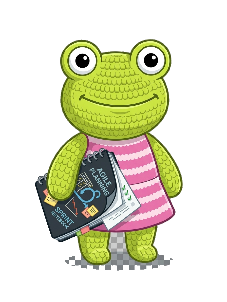 Mrs Froggy, holding a sprint planning notebook